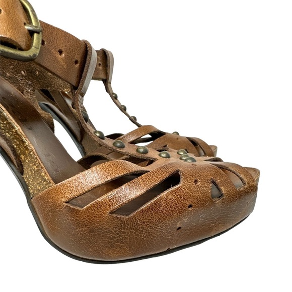 Pedro Garcia Designer Brown Leather Open Toe Studded Cut Out Heels Size 37.5 - Picture 4 of 10